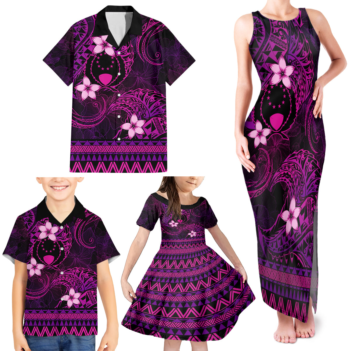 FSM Pohnpei State Family Matching Tank Maxi Dress and Hawaiian Shirt Tribal Pattern Pink Version LT01 - Polynesian Pride