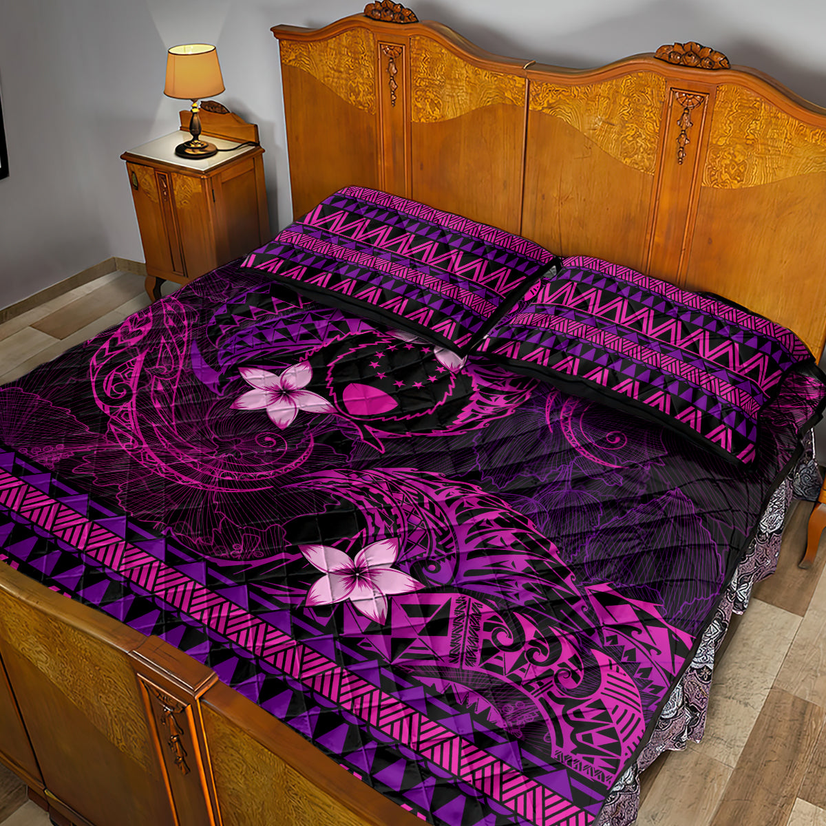 FSM Pohnpei State Quilt Bed Set Tribal Pattern Pink Version LT01 - Polynesian Pride