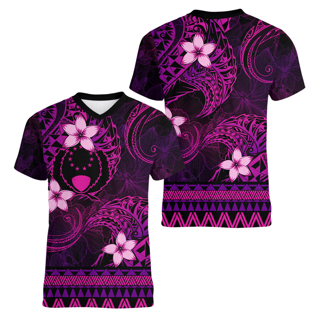 FSM Pohnpei State Women V Neck T Shirt Tribal Pattern Pink Version LT01 - Polynesian Pride