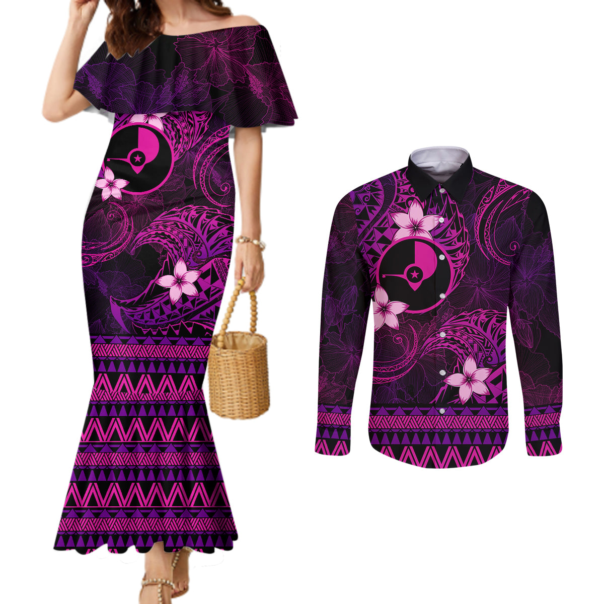 FSM Yap State Couples Matching Mermaid Dress and Long Sleeve Button Shirt Tribal Pattern Pink Version LT01 Pink - Polynesian Pride