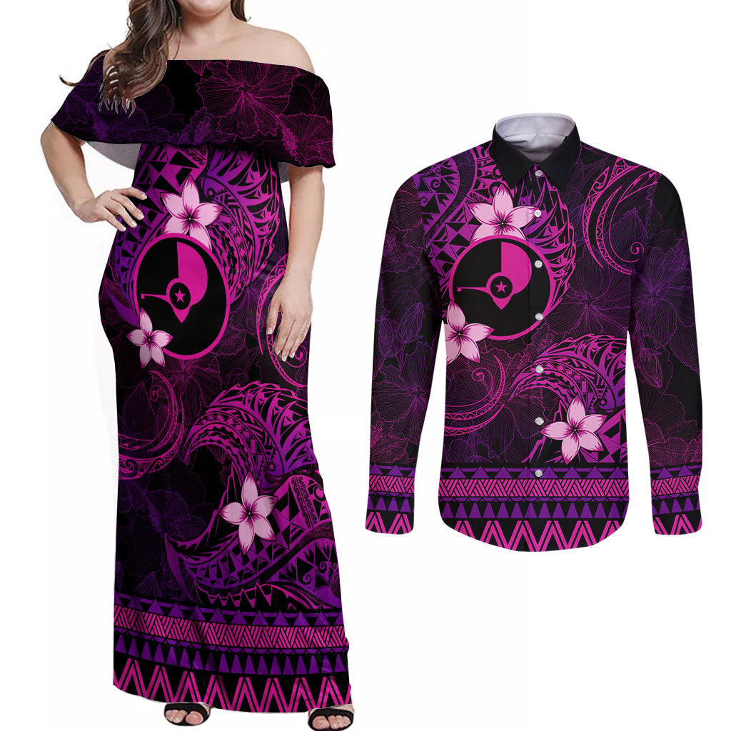 FSM Yap State Couples Matching Off Shoulder Maxi Dress and Long Sleeve Button Shirt Tribal Pattern Pink Version LT01 Pink - Polynesian Pride