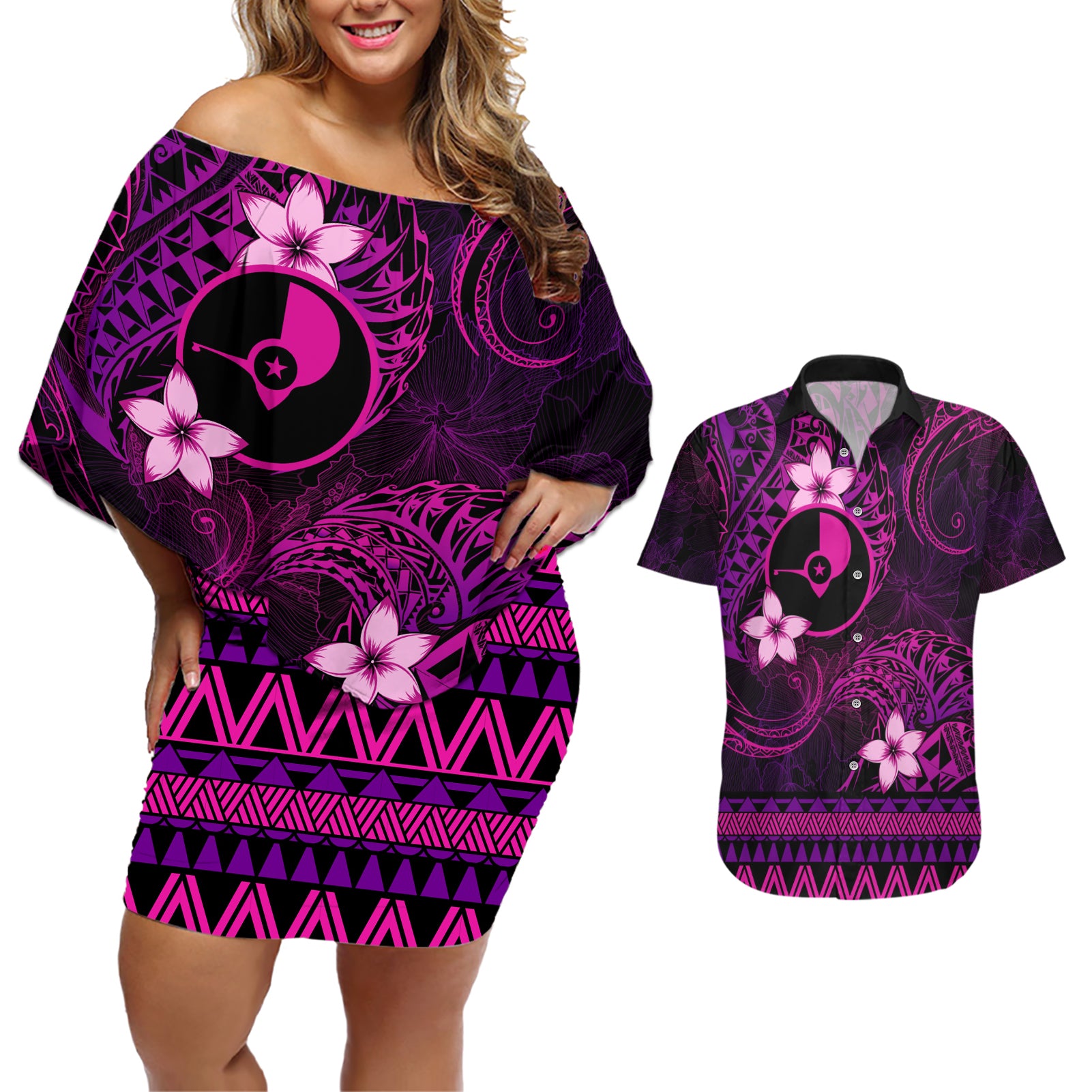 FSM Yap State Couples Matching Off Shoulder Short Dress and Hawaiian Shirt Tribal Pattern Pink Version LT01 Pink - Polynesian Pride