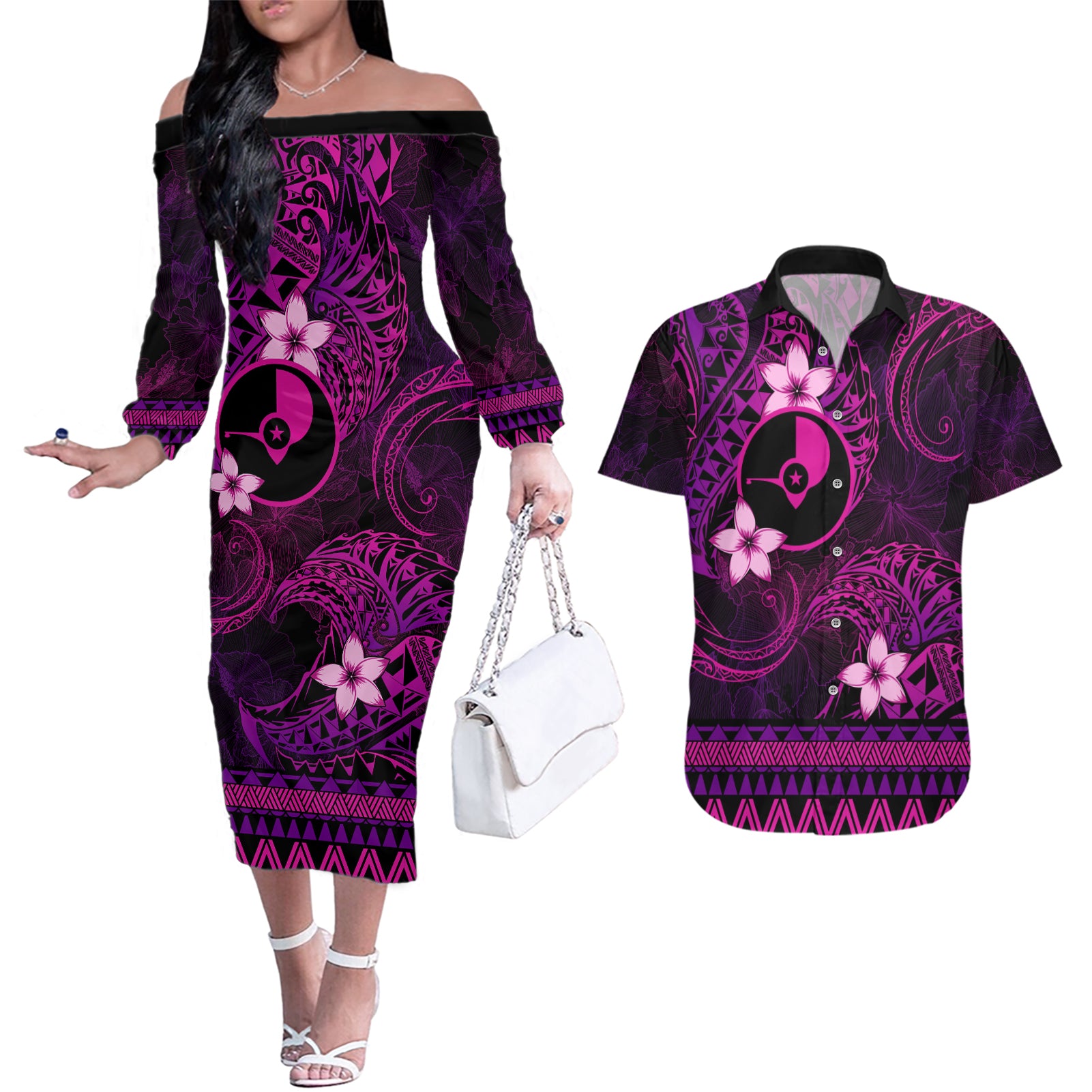 FSM Yap State Couples Matching Off The Shoulder Long Sleeve Dress and Hawaiian Shirt Tribal Pattern Pink Version LT01 Pink - Polynesian Pride