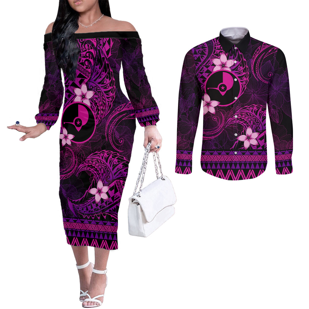 FSM Yap State Couples Matching Off The Shoulder Long Sleeve Dress and Long Sleeve Button Shirt Tribal Pattern Pink Version LT01 Pink - Polynesian Pride