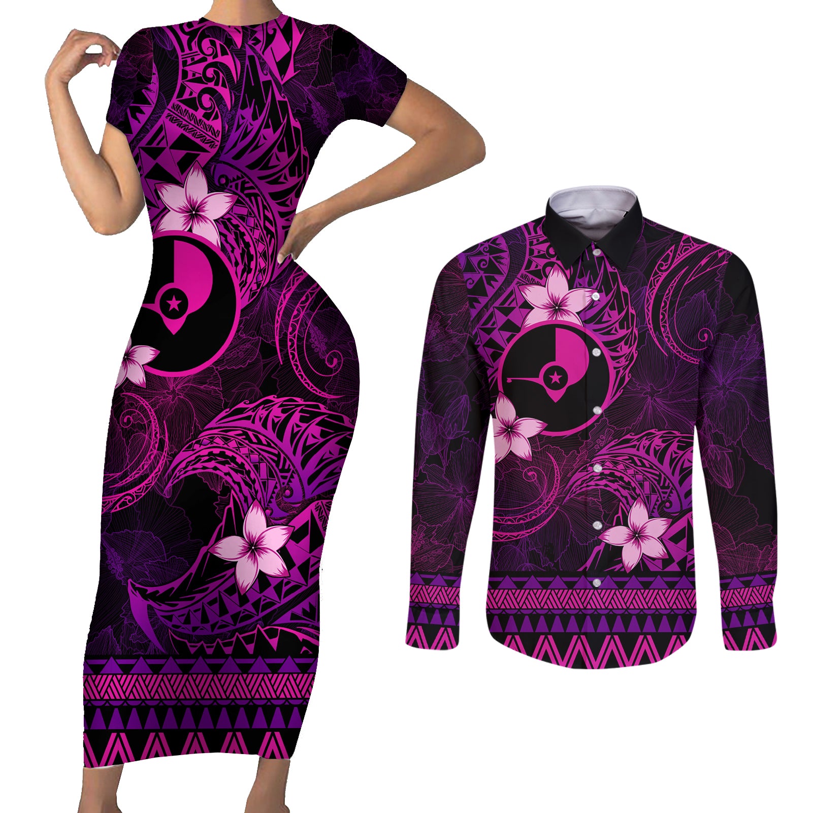 FSM Yap State Couples Matching Short Sleeve Bodycon Dress and Long Sleeve Button Shirt Tribal Pattern Pink Version LT01 Pink - Polynesian Pride