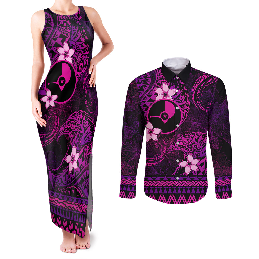 FSM Yap State Couples Matching Tank Maxi Dress and Long Sleeve Button Shirt Tribal Pattern Pink Version LT01 Pink - Polynesian Pride