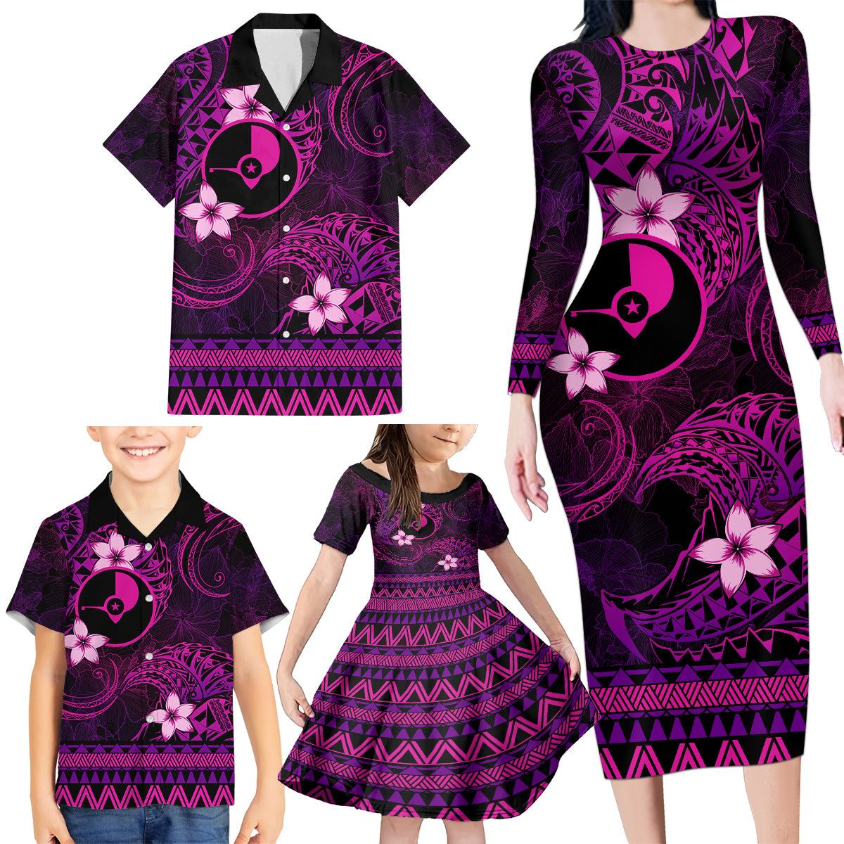 FSM Yap State Family Matching Long Sleeve Bodycon Dress and Hawaiian Shirt Tribal Pattern Pink Version LT01 - Polynesian Pride
