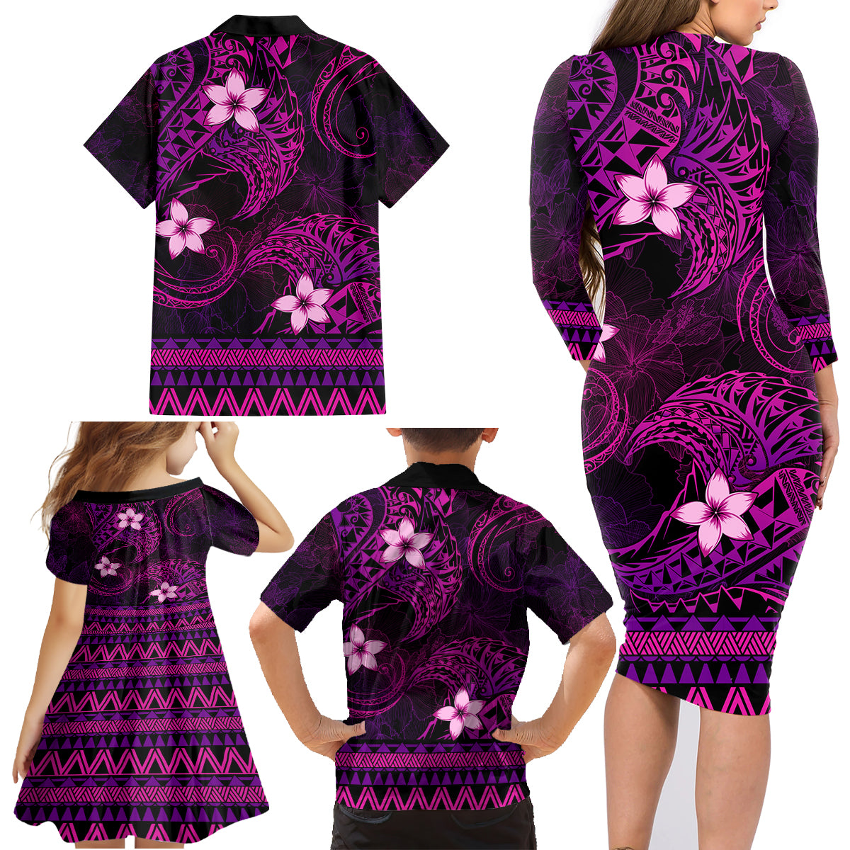 FSM Yap State Family Matching Long Sleeve Bodycon Dress and Hawaiian Shirt Tribal Pattern Pink Version LT01 - Polynesian Pride