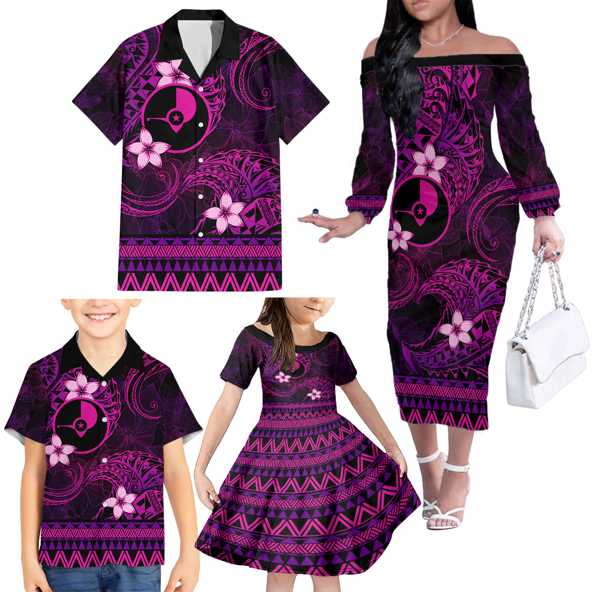 FSM Yap State Family Matching Off Shoulder Long Sleeve Dress and Hawaiian Shirt Tribal Pattern Pink Version LT01 - Polynesian Pride