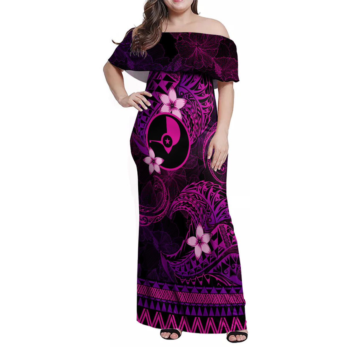 FSM Yap State Family Matching Off Shoulder Maxi Dress and Hawaiian Shirt Tribal Pattern Pink Version LT01 Mom's Dress Pink - Polynesian Pride