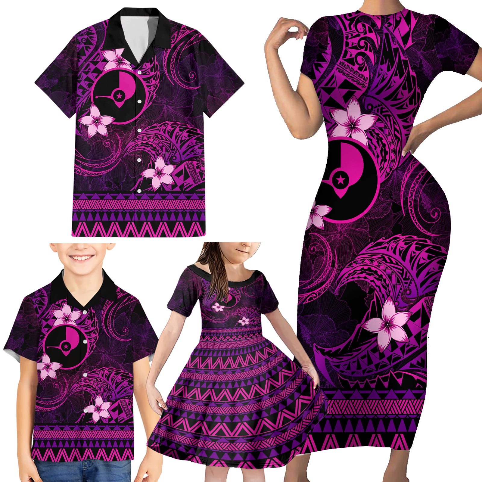 FSM Yap State Family Matching Short Sleeve Bodycon Dress and Hawaiian Shirt Tribal Pattern Pink Version LT01 - Polynesian Pride