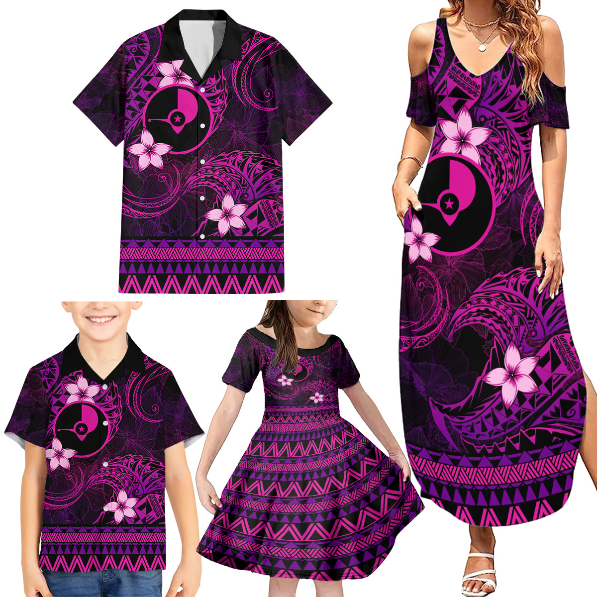FSM Yap State Family Matching Summer Maxi Dress and Hawaiian Shirt Tribal Pattern Pink Version LT01 - Polynesian Pride