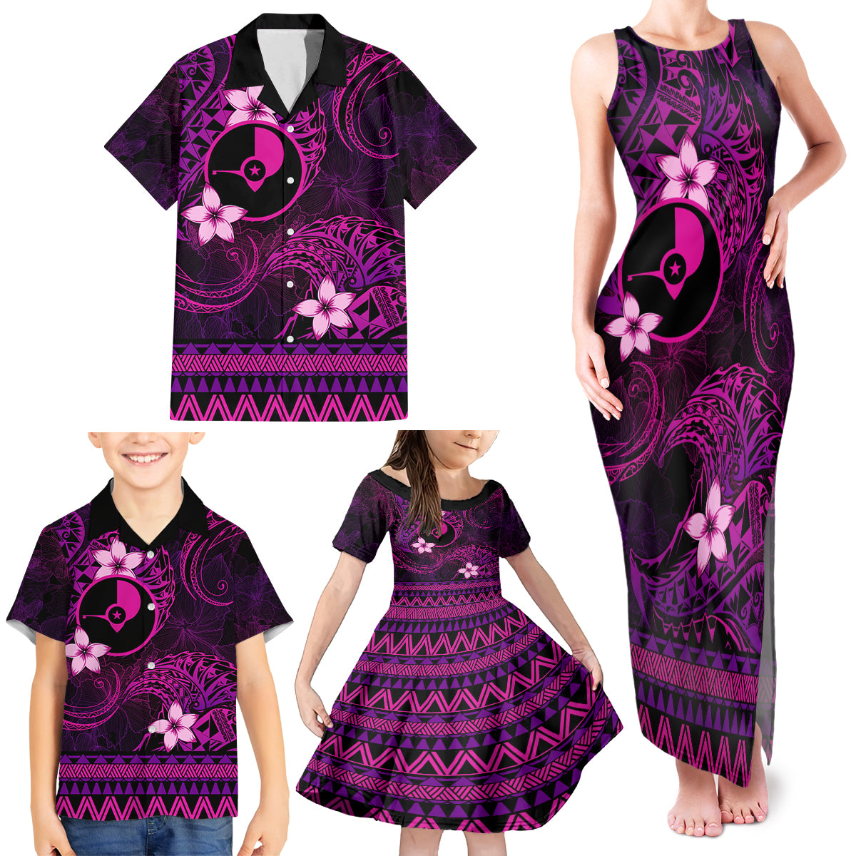 FSM Yap State Family Matching Tank Maxi Dress and Hawaiian Shirt Tribal Pattern Pink Version LT01 - Polynesian Pride