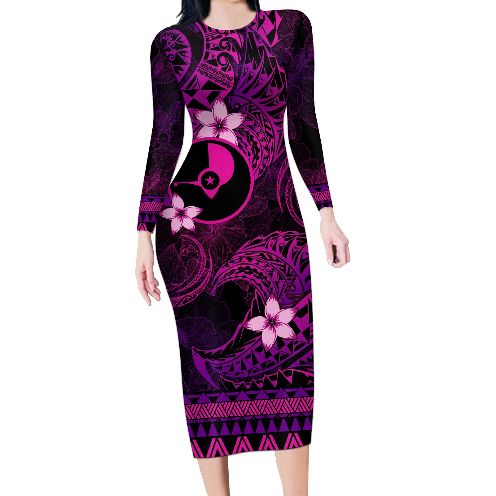 FSM Yap State Long Sleeve Bodycon Dress Tribal Pattern Pink Version LT01 Long Dress Pink - Polynesian Pride