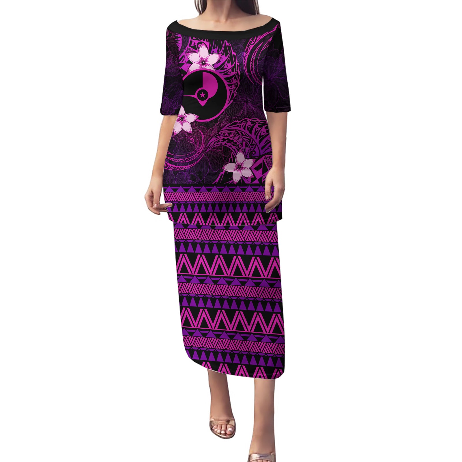 FSM Yap State Puletasi Tribal Pattern Pink Version LT01 Long Dress Pink - Polynesian Pride