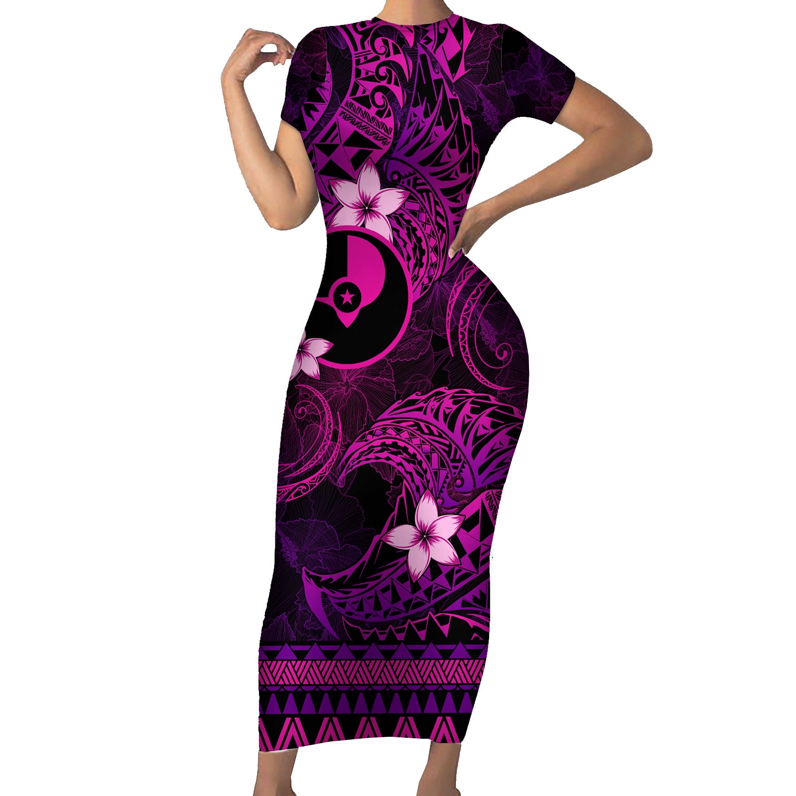 FSM Yap State Short Sleeve Bodycon Dress Tribal Pattern Pink Version LT01 Long Dress Pink - Polynesian Pride