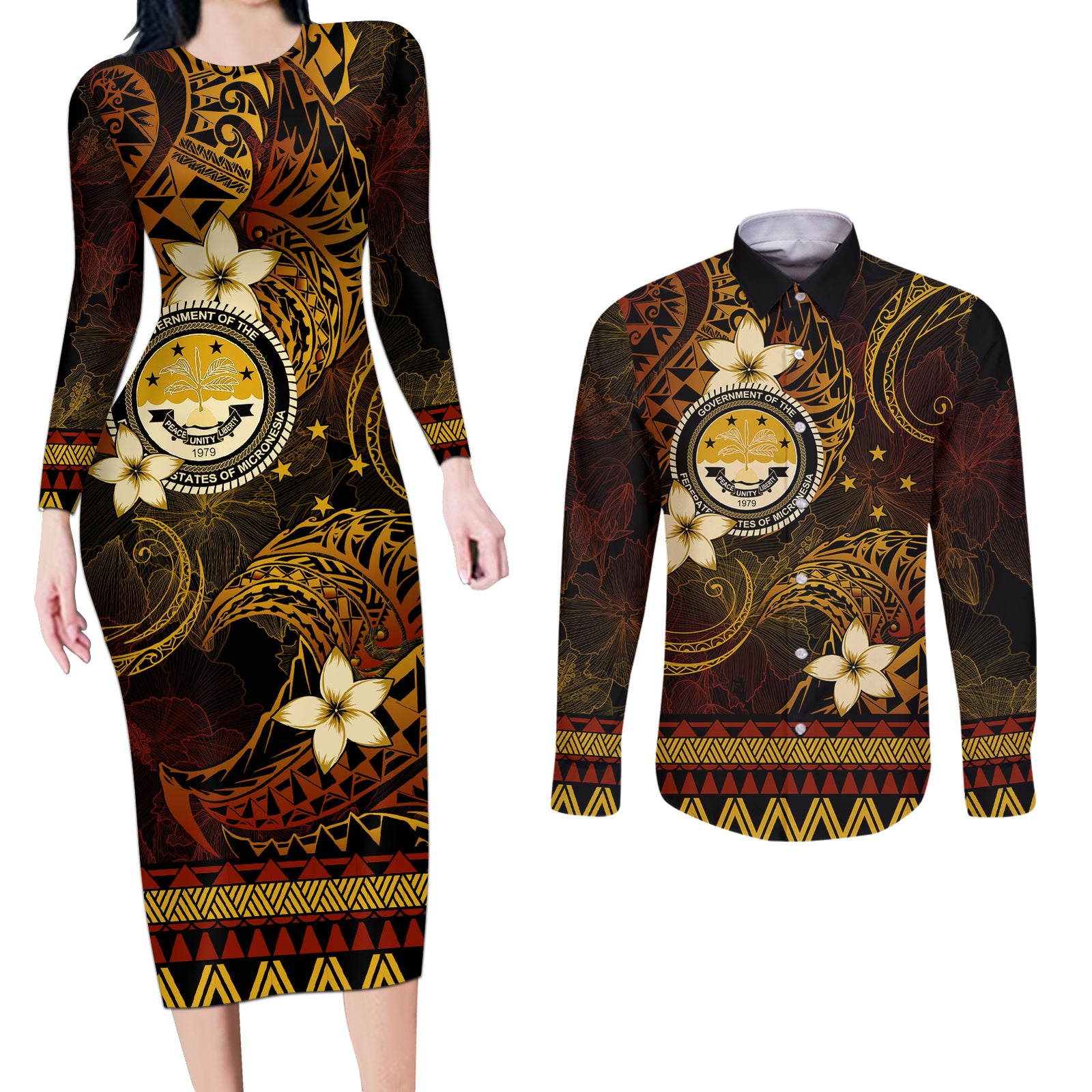 FSM Culture Day Couples Matching Long Sleeve Bodycon Dress and Long Sleeve Button Shirt Tribal Pattern Gold Version LT01 Gold - Polynesian Pride