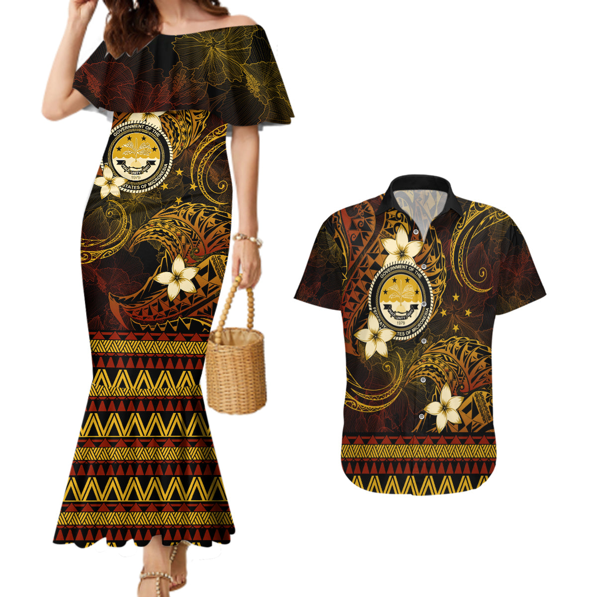 FSM Culture Day Couples Matching Mermaid Dress and Hawaiian Shirt Tribal Pattern Gold Version LT01 Gold - Polynesian Pride