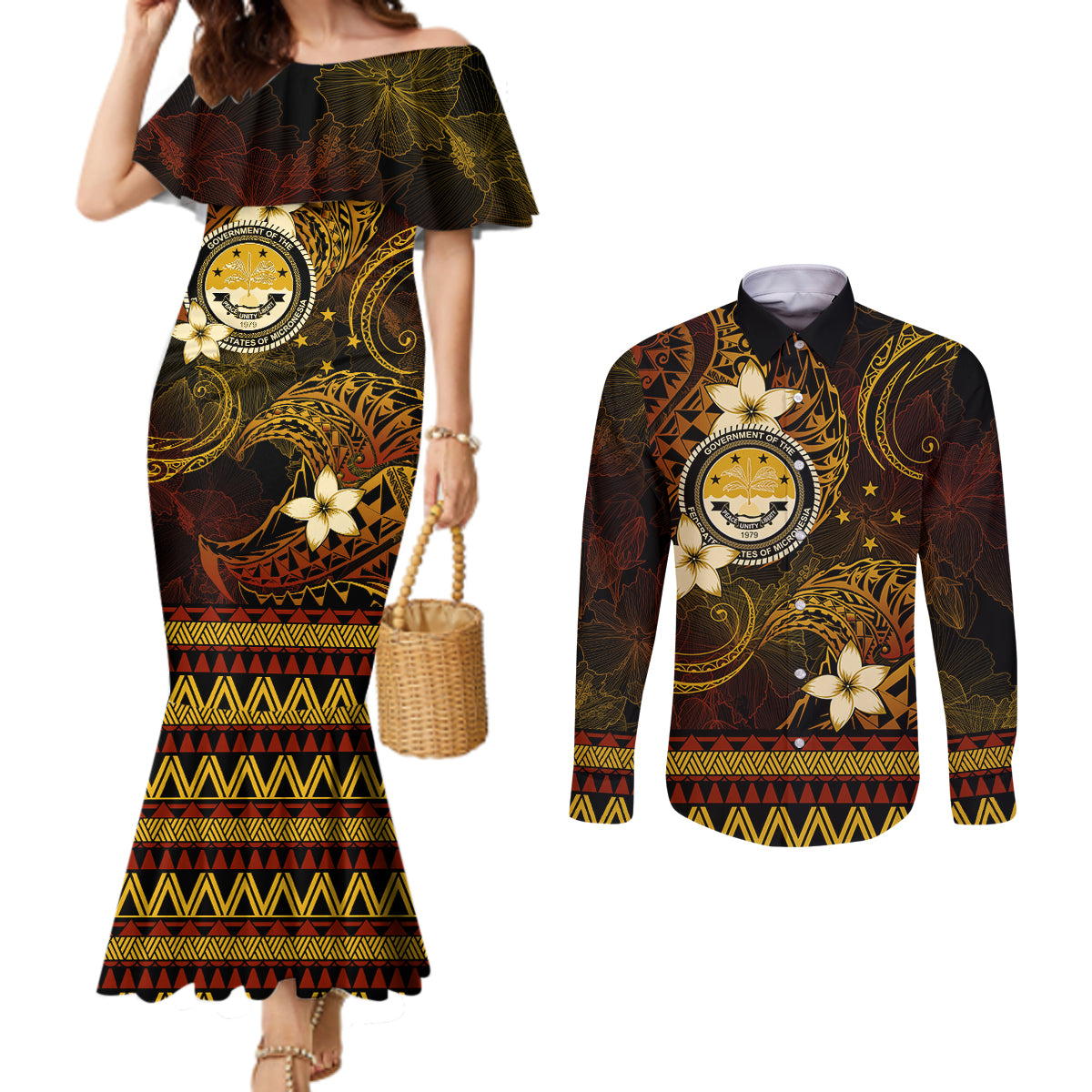 FSM Culture Day Couples Matching Mermaid Dress and Long Sleeve Button Shirt Tribal Pattern Gold Version LT01 Gold - Polynesian Pride