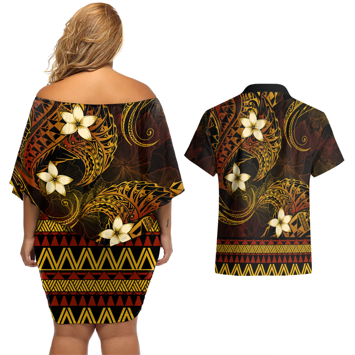 FSM Culture Day Couples Matching Off Shoulder Short Dress and Hawaiian Shirt Tribal Pattern Gold Version LT01 - Polynesian Pride