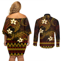 FSM Culture Day Couples Matching Off Shoulder Short Dress and Long Sleeve Button Shirt Tribal Pattern Gold Version LT01 - Polynesian Pride
