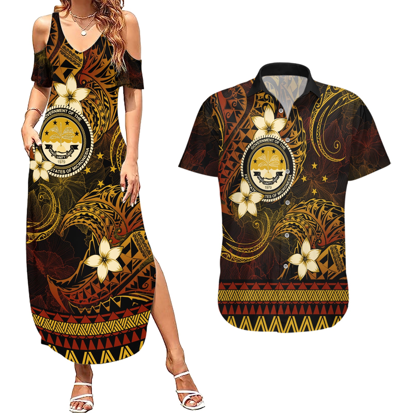 FSM Culture Day Couples Matching Summer Maxi Dress and Hawaiian Shirt Tribal Pattern Gold Version LT01 Gold - Polynesian Pride