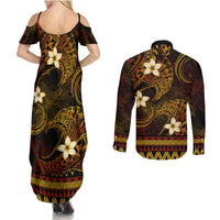 FSM Culture Day Couples Matching Summer Maxi Dress and Long Sleeve Button Shirt Tribal Pattern Gold Version LT01 - Polynesian Pride