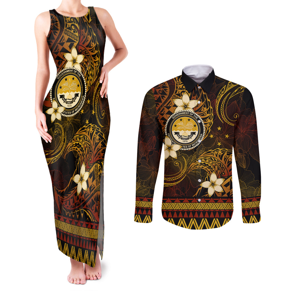 FSM Culture Day Couples Matching Tank Maxi Dress and Long Sleeve Button Shirt Tribal Pattern Gold Version LT01 Gold - Polynesian Pride