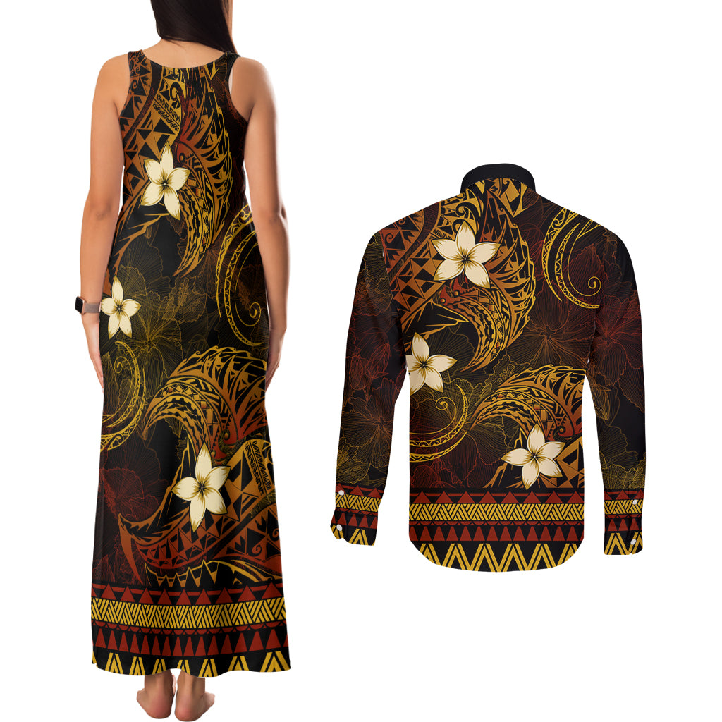 FSM Culture Day Couples Matching Tank Maxi Dress and Long Sleeve Button Shirt Tribal Pattern Gold Version LT01 - Polynesian Pride