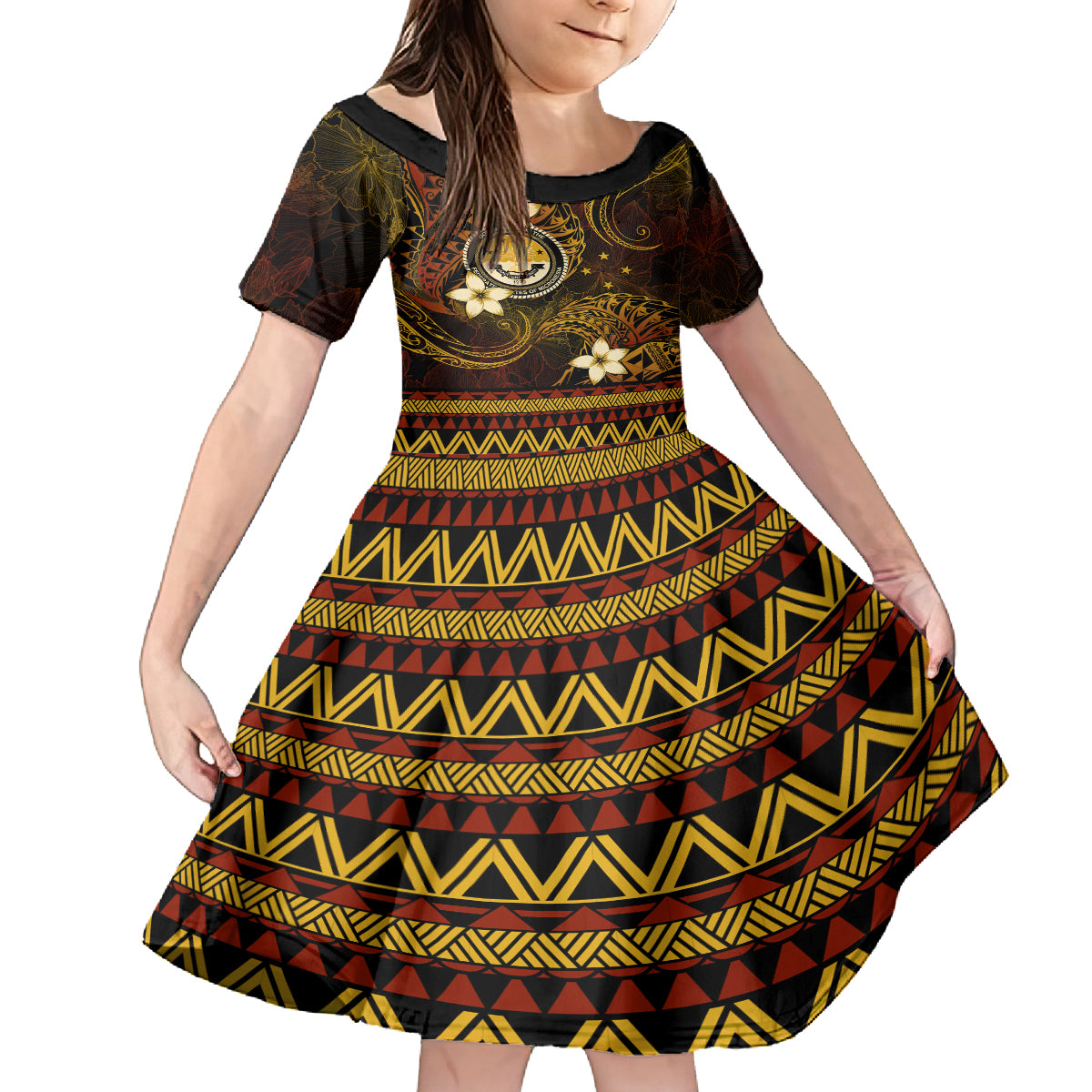 FSM Culture Day Family Matching Long Sleeve Bodycon Dress and Hawaiian Shirt Tribal Pattern Gold Version LT01 Daughter's Dress Gold - Polynesian Pride