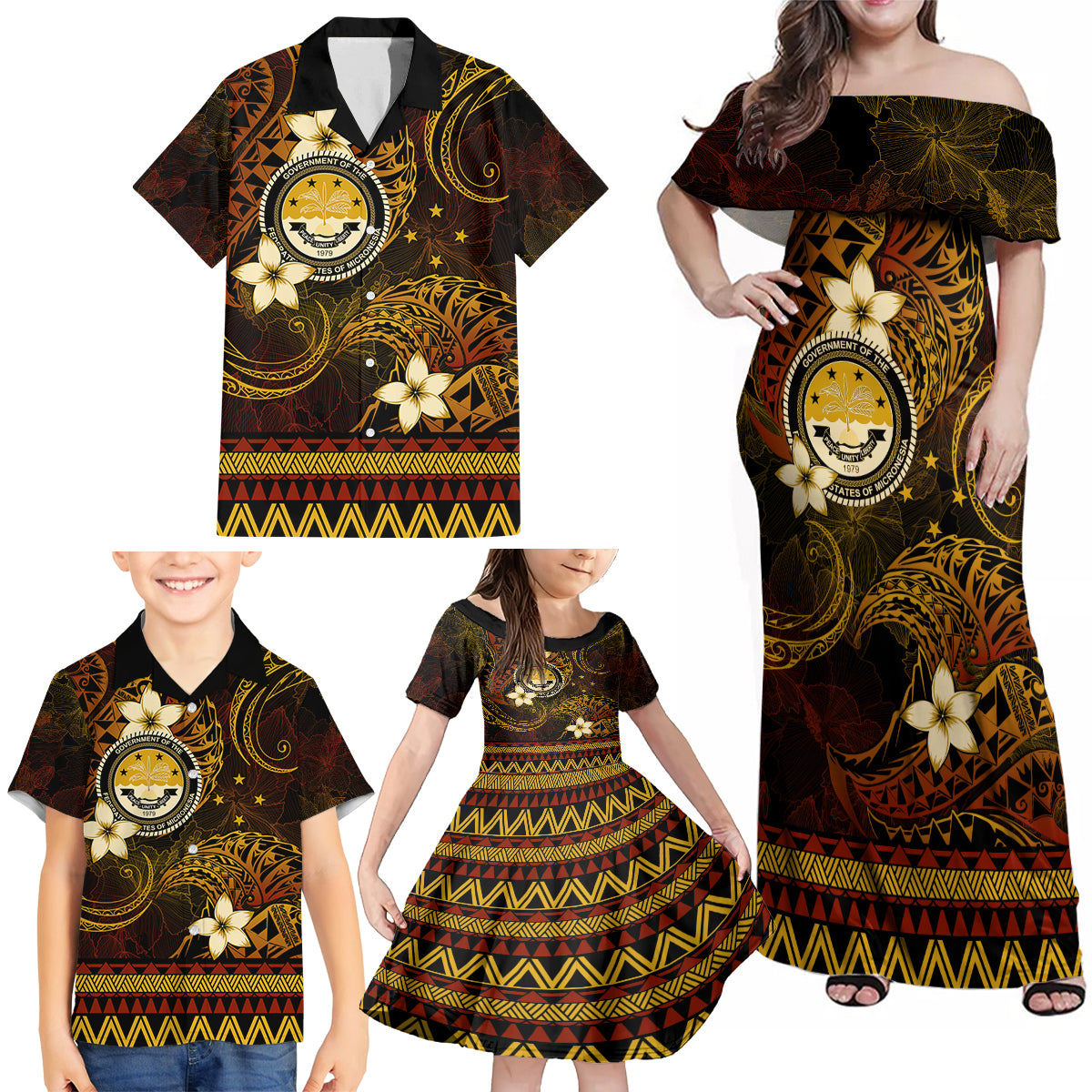 FSM Culture Day Family Matching Off Shoulder Maxi Dress and Hawaiian Shirt Tribal Pattern Gold Version LT01 - Polynesian Pride