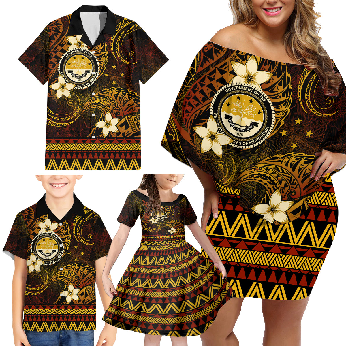 FSM Culture Day Family Matching Off Shoulder Short Dress and Hawaiian Shirt Tribal Pattern Gold Version LT01 - Polynesian Pride