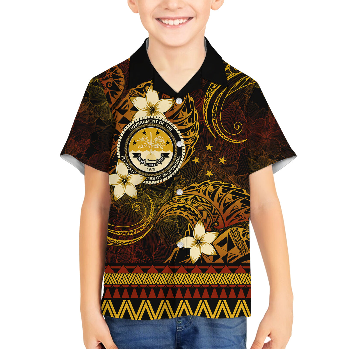 FSM Culture Day Family Matching Puletasi and Hawaiian Shirt Tribal Pattern Gold Version LT01 Son's Shirt Gold - Polynesian Pride