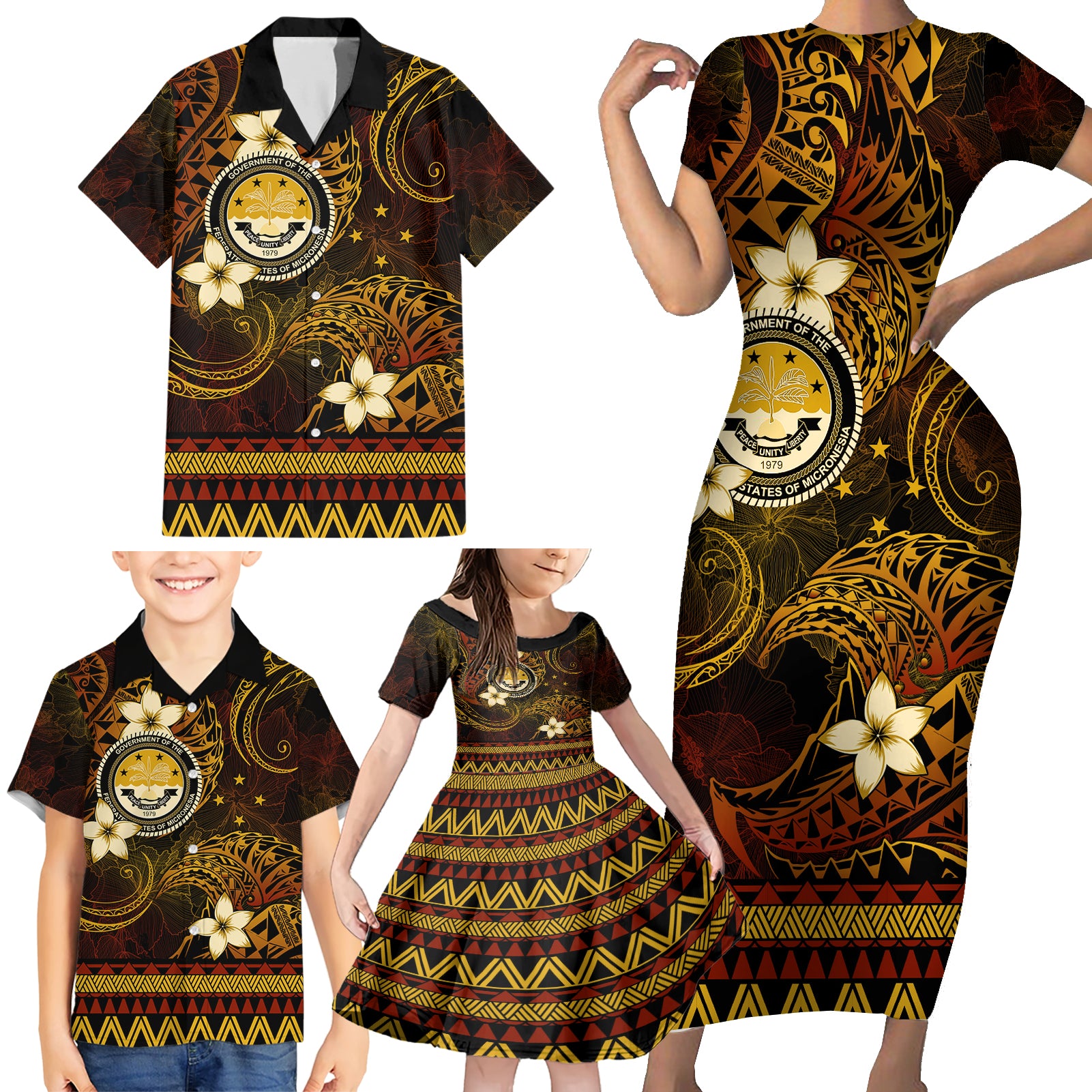 FSM Culture Day Family Matching Short Sleeve Bodycon Dress and Hawaiian Shirt Tribal Pattern Gold Version LT01 - Polynesian Pride