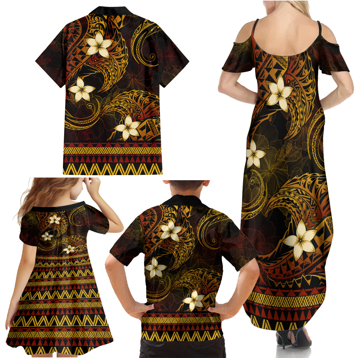 FSM Culture Day Family Matching Summer Maxi Dress and Hawaiian Shirt Tribal Pattern Gold Version LT01 - Polynesian Pride