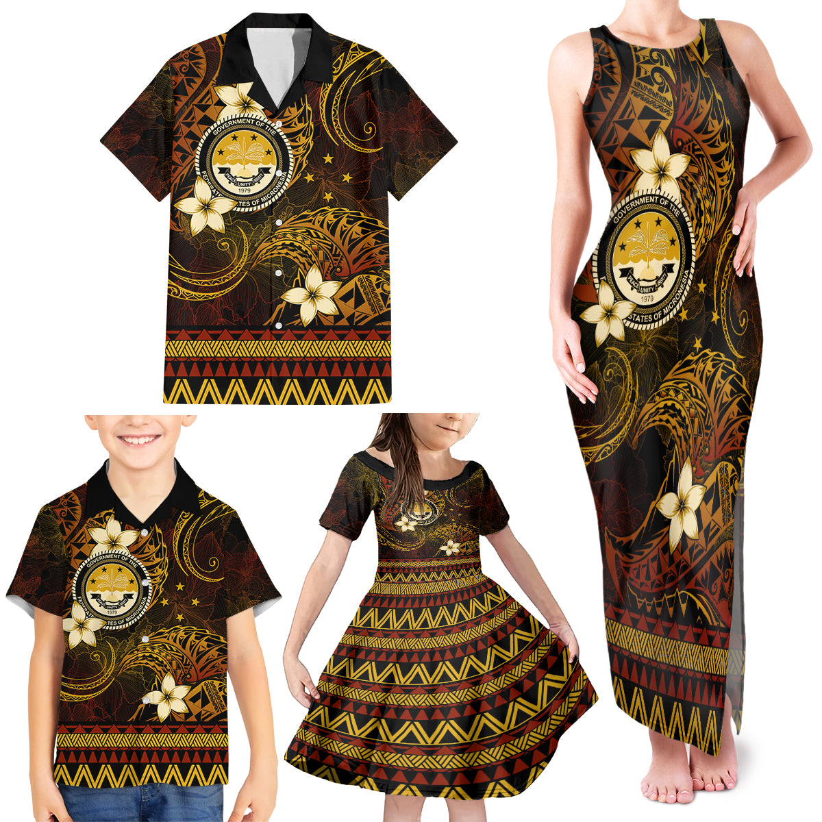 FSM Culture Day Family Matching Tank Maxi Dress and Hawaiian Shirt Tribal Pattern Gold Version LT01 - Polynesian Pride