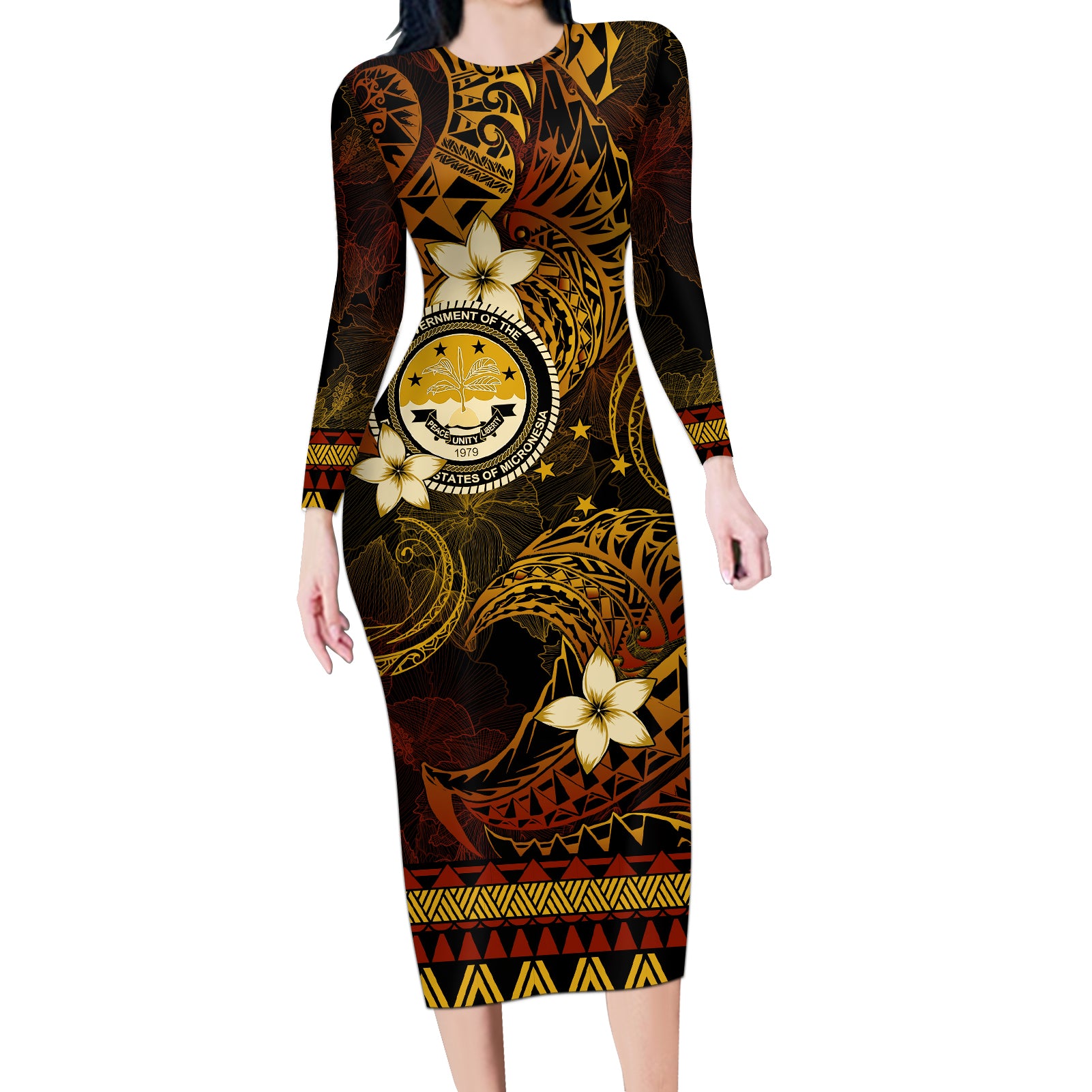 FSM Culture Day Long Sleeve Bodycon Dress Tribal Pattern Gold Version LT01 Long Dress Gold - Polynesian Pride