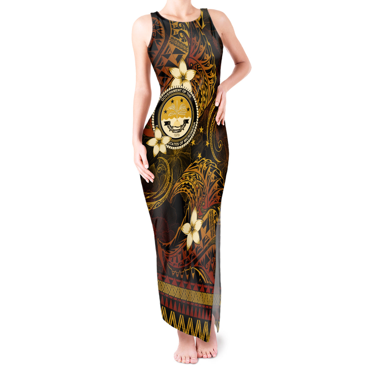 FSM Culture Day Tank Maxi Dress Tribal Pattern Gold Version LT01 Women Gold - Polynesian Pride