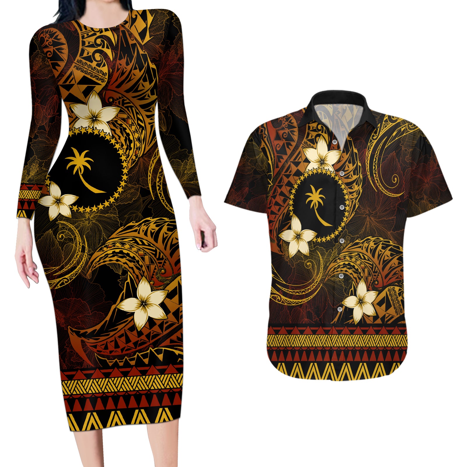 FSM Chuuk State Couples Matching Long Sleeve Bodycon Dress and Hawaiian Shirt Tribal Pattern Gold Version LT01 Gold - Polynesian Pride