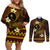 FSM Chuuk State Couples Matching Off Shoulder Short Dress and Long Sleeve Button Shirt Tribal Pattern Gold Version LT01 Gold - Polynesian Pride