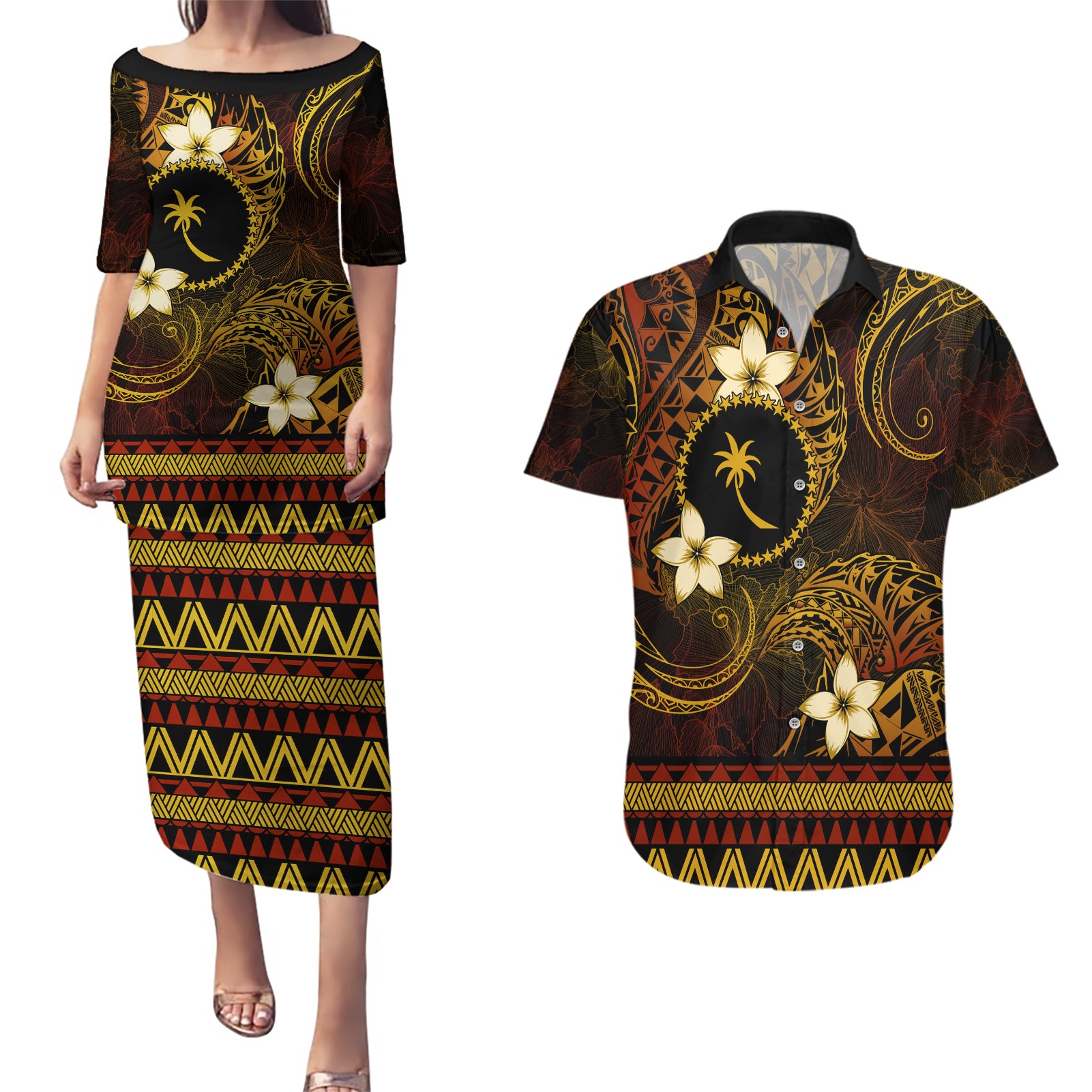 FSM Chuuk State Couples Matching Puletasi and Hawaiian Shirt Tribal Pattern Gold Version LT01 Gold - Polynesian Pride