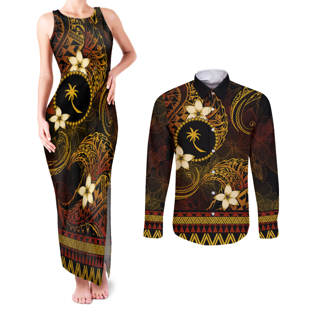 FSM Chuuk State Couples Matching Tank Maxi Dress and Long Sleeve Button Shirt Tribal Pattern Gold Version LT01 Gold - Polynesian Pride