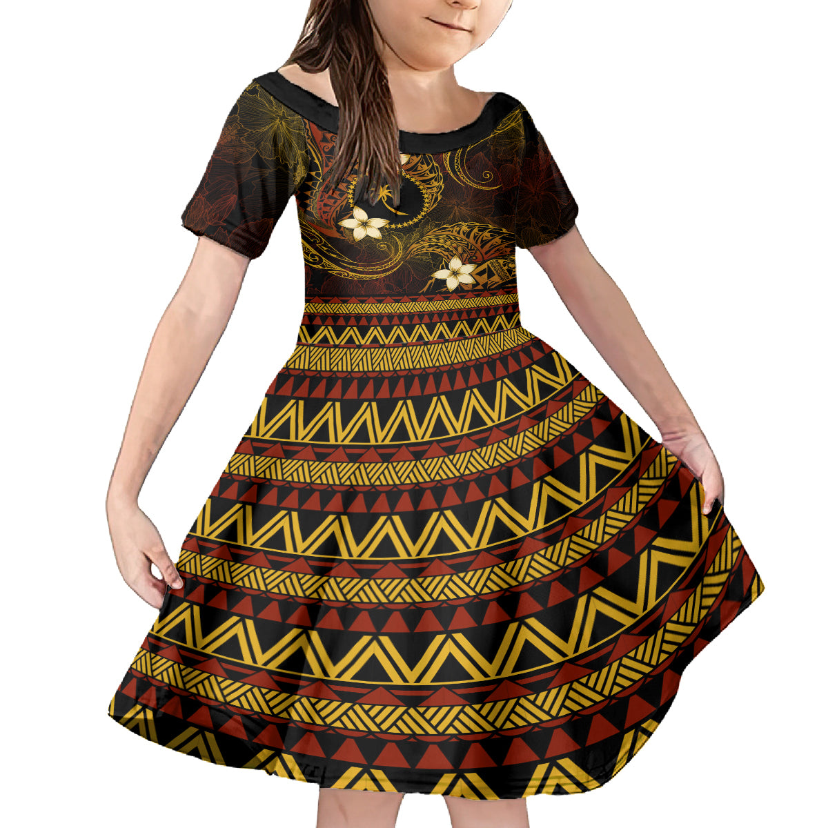 FSM Chuuk State Kid Short Sleeve Dress Tribal Pattern Gold Version LT01 KID Gold - Polynesian Pride