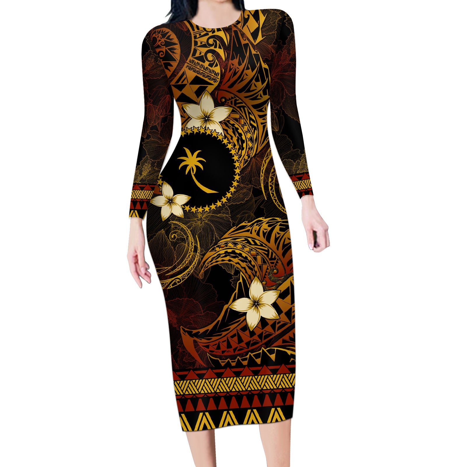 FSM Chuuk State Long Sleeve Bodycon Dress Tribal Pattern Gold Version LT01 Long Dress Gold - Polynesian Pride