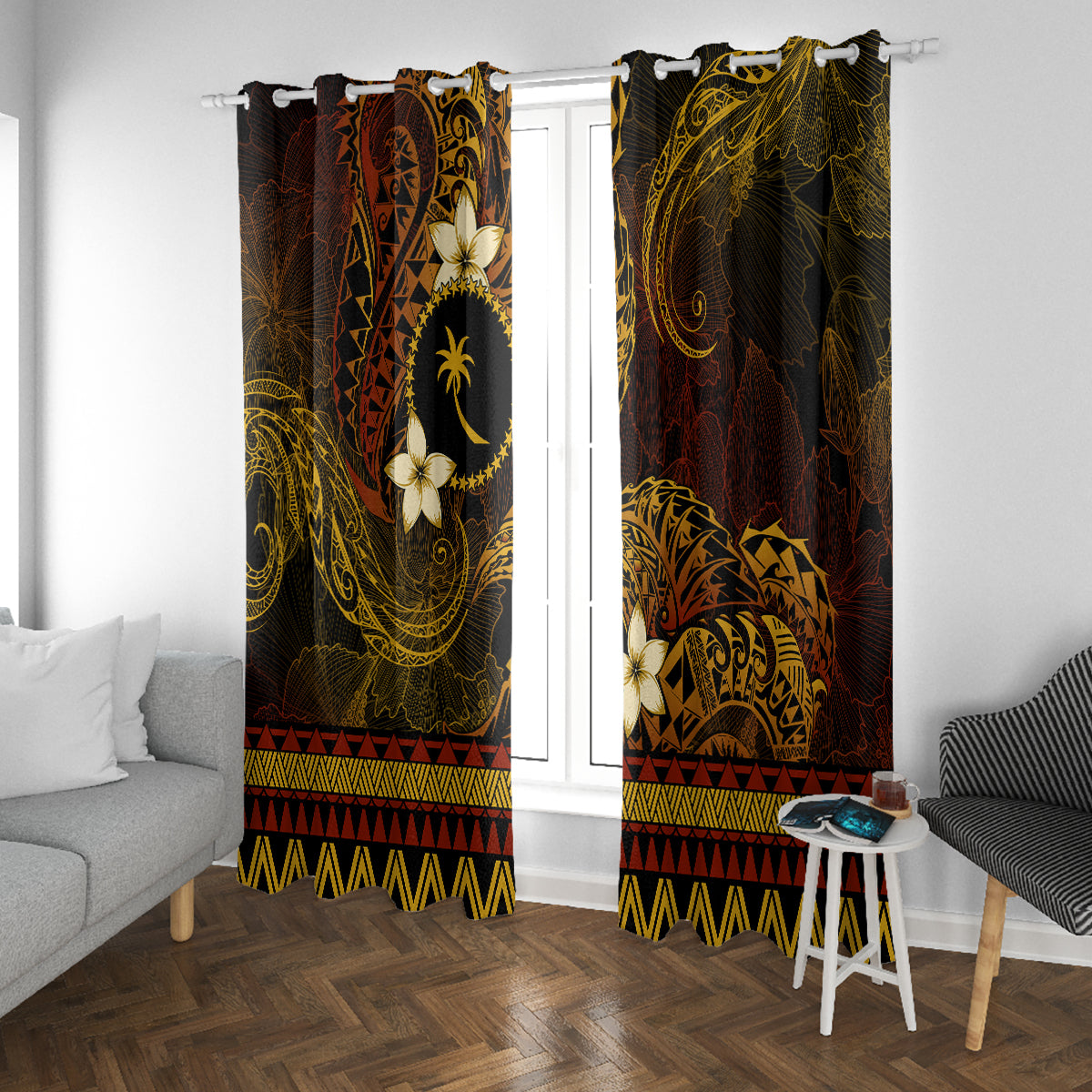 FSM Chuuk State Window Curtain Tribal Pattern Gold Version LT01 With Grommets Gold - Polynesian Pride