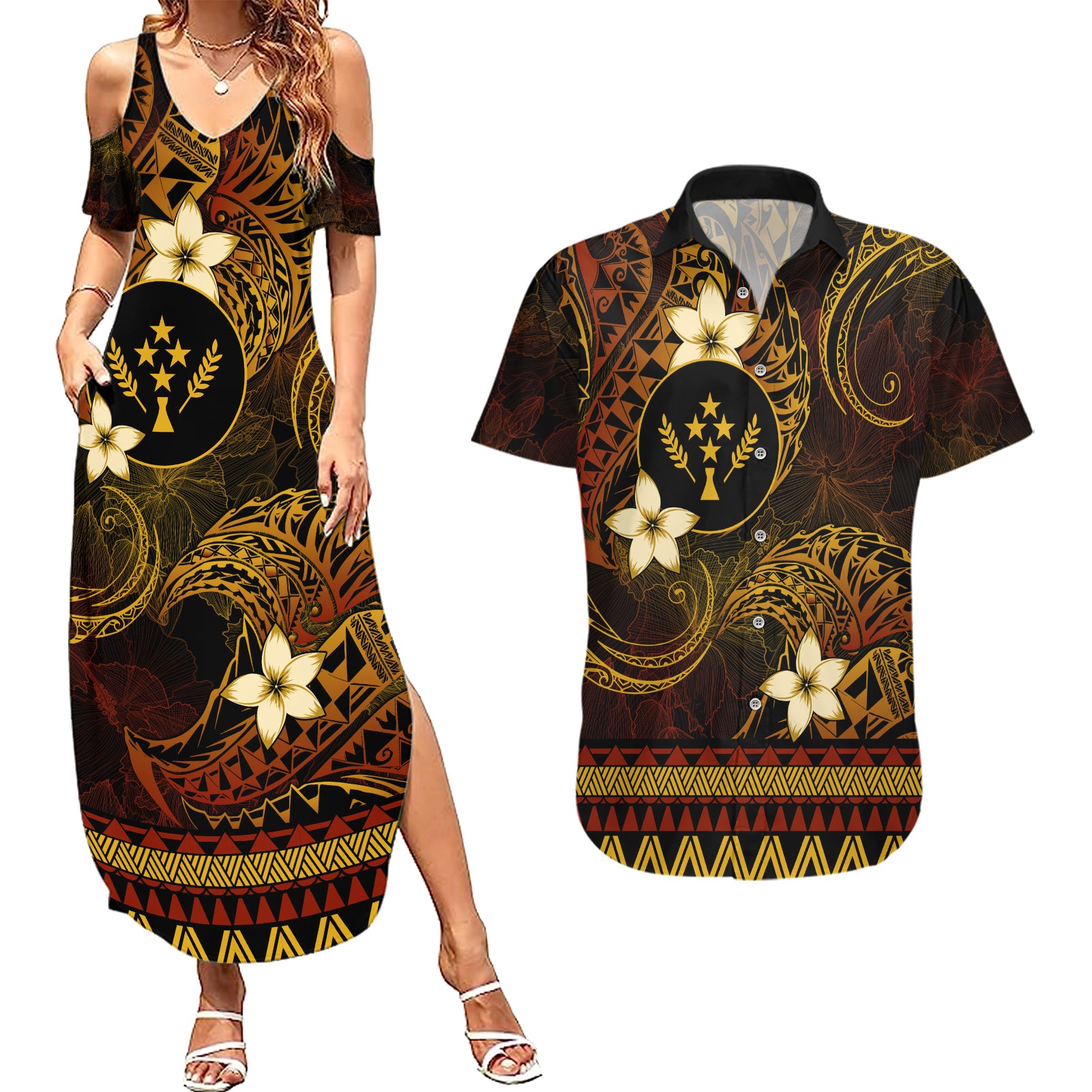 FSM Kosrae State Couples Matching Summer Maxi Dress and Hawaiian Shirt Tribal Pattern Gold Version LT01 Gold - Polynesian Pride