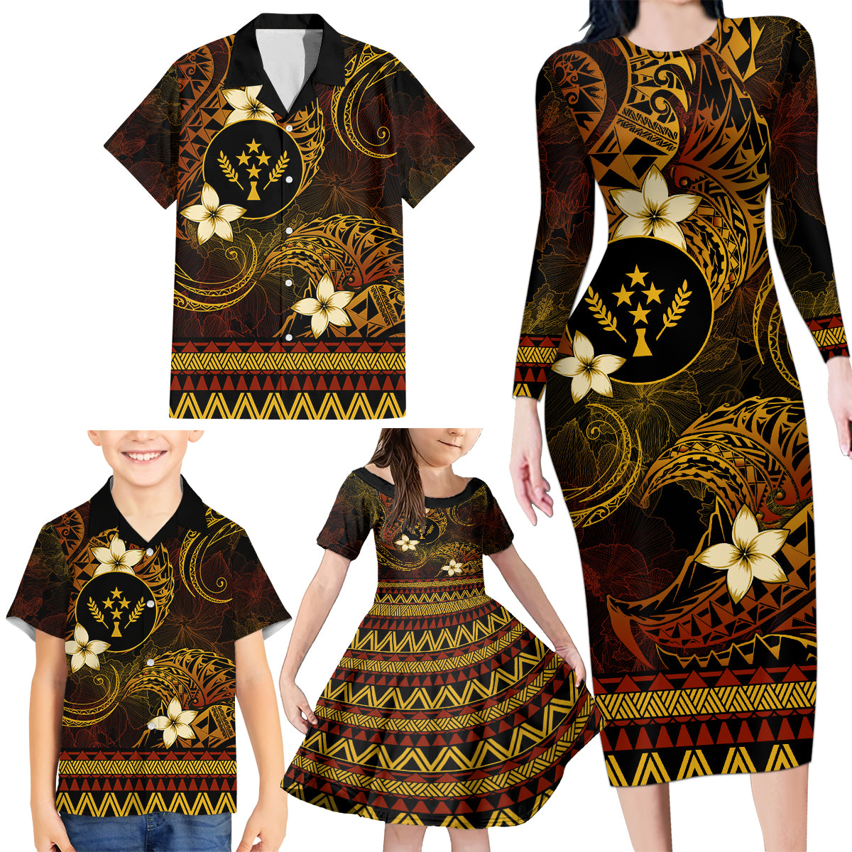 FSM Kosrae State Family Matching Long Sleeve Bodycon Dress and Hawaiian Shirt Tribal Pattern Gold Version LT01 - Polynesian Pride