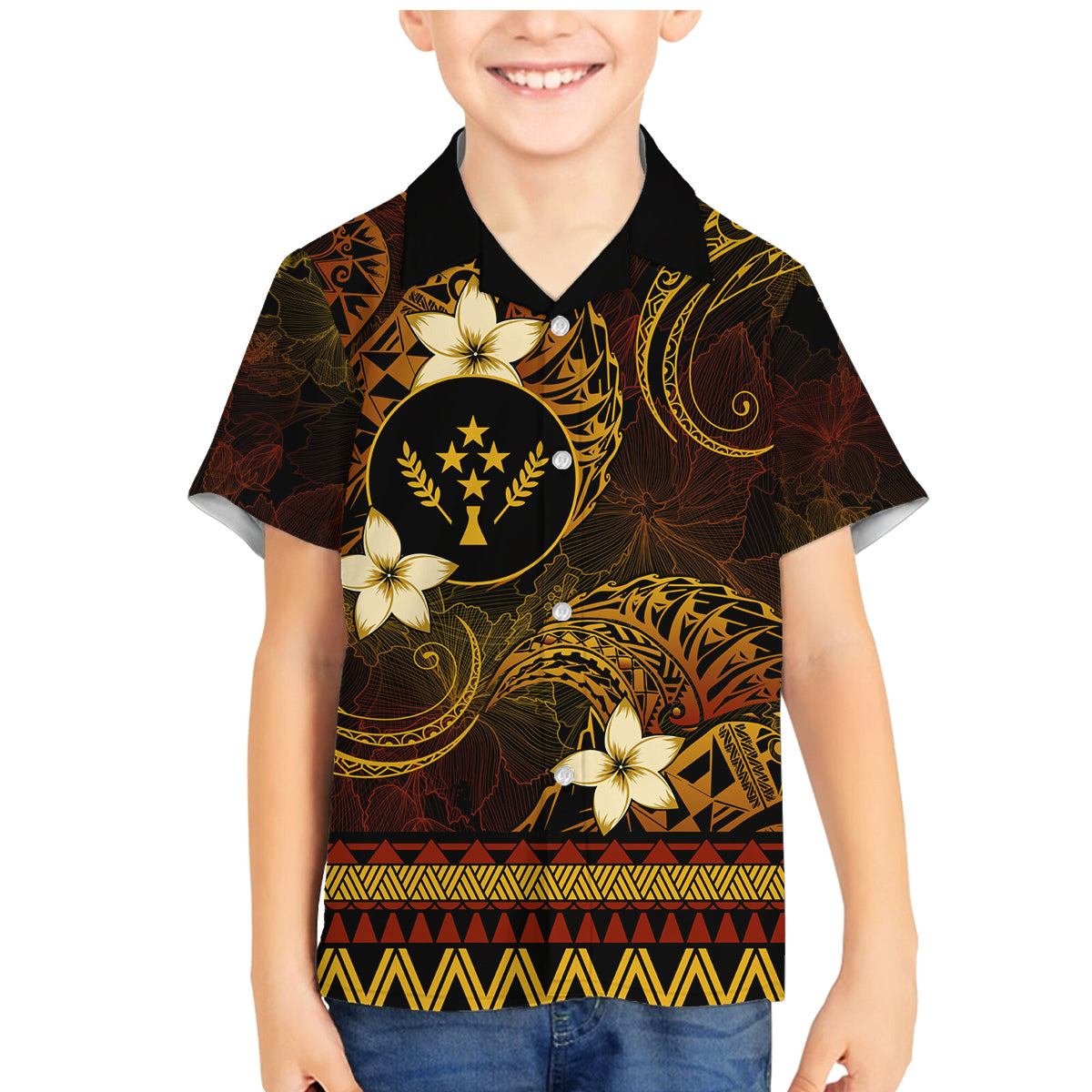 FSM Kosrae State Family Matching Mermaid Dress and Hawaiian Shirt Tribal Pattern Gold Version LT01 Son's Shirt Gold - Polynesian Pride