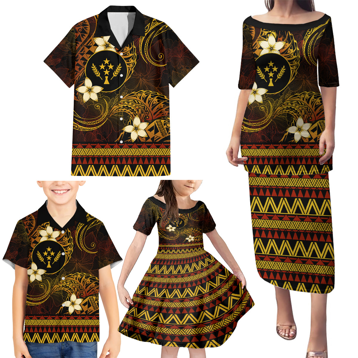 FSM Kosrae State Family Matching Puletasi and Hawaiian Shirt Tribal Pattern Gold Version LT01 - Polynesian Pride