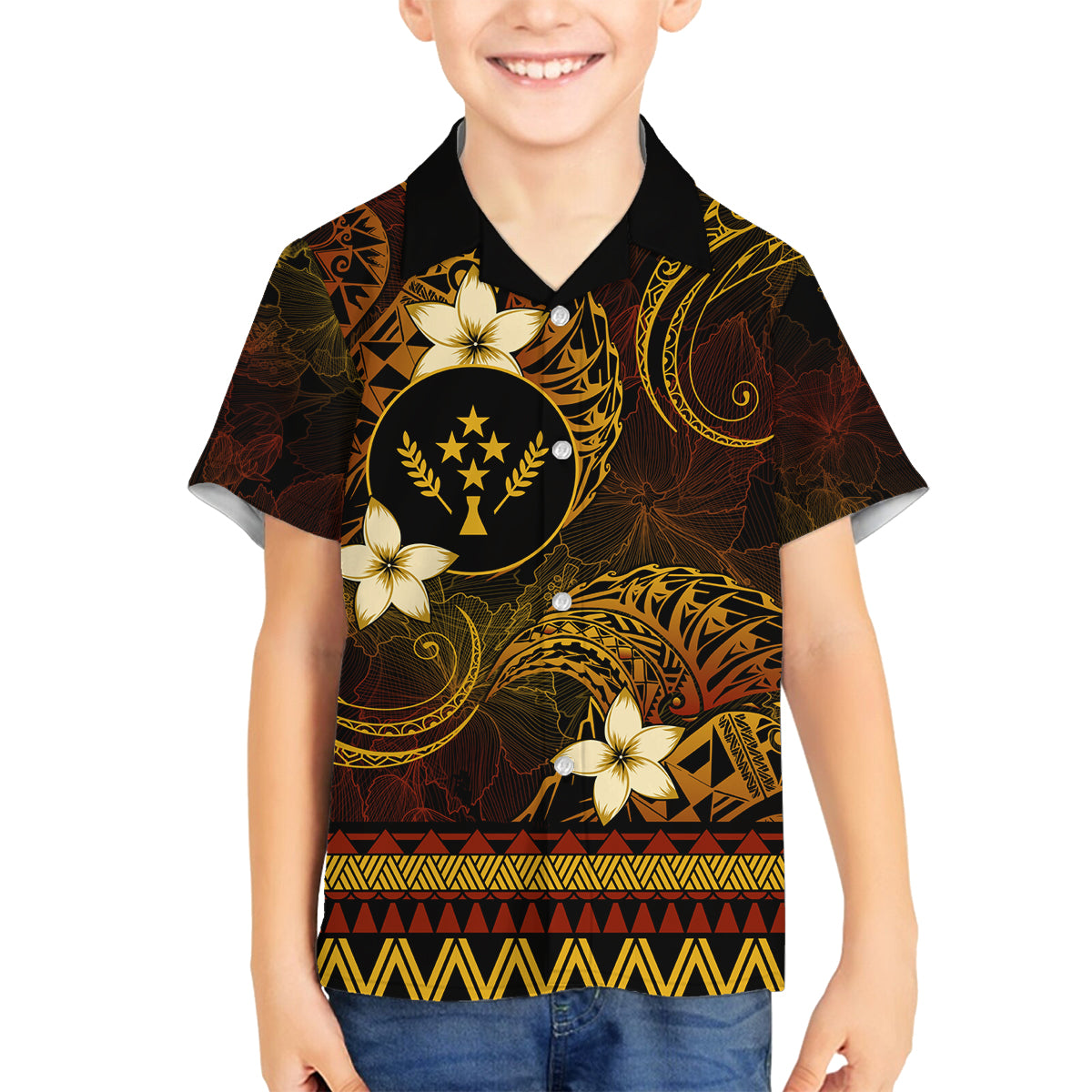 FSM Kosrae State Family Matching Puletasi and Hawaiian Shirt Tribal Pattern Gold Version LT01 Son's Shirt Gold - Polynesian Pride